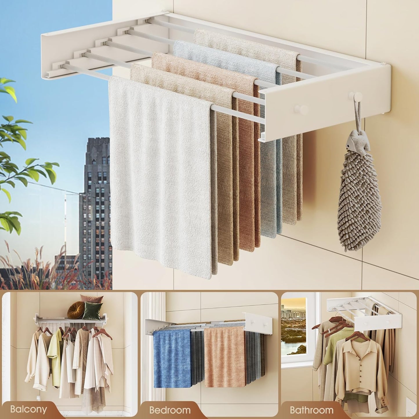 Upgrade Wall Mounted Clothes Drying Rack, 31.5 Inch, Foldable, Collapsible, Retractable, White
