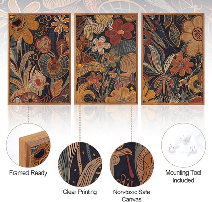 Aurlan Burnt Orange Wildflowers Botanical Wall Art Set(16"x24"), 3 Pieces Abstract Floral Blossom Framed Canvas Artwork, Large Mid Century Modern Boho Nature Wall Decor for Office Bedroom Living Room