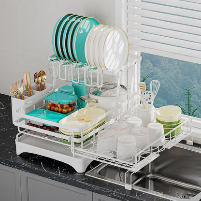2 Tier Large Dish Drying Rack - Extendable Dish Rack, 2-in-1 Anti-Rust Stainless Steel Dishrack for Kitchen Counter and Sink, Dish Strainer with Utensil Holder & Cup Holder(White)