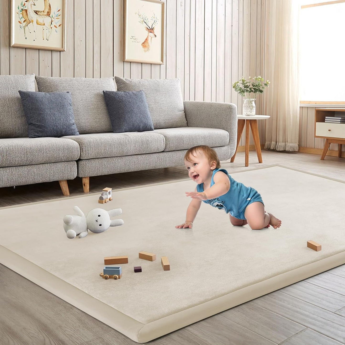 Baby Play Mat for Floor Tummy Time Mat Nursery Rug Muscle Area Rug Playroom Tatami 79"x138" Memory Foam 1.3" Thick Crawling For Babies,Toddlers, Infants, Kids,Floor(Beige)