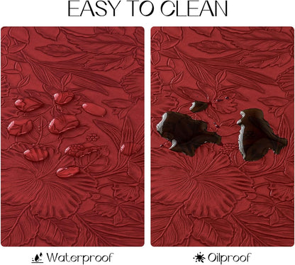 Romanstile Vinyl Placemats Set of 8-12 X 18 Inch - Heat Resistant Non-Slip Embossed Floral Place Mats 100% Waterproof Oilproof Wipeable Faux Leather Table Mats for Kitchen/Dining/Party, Red