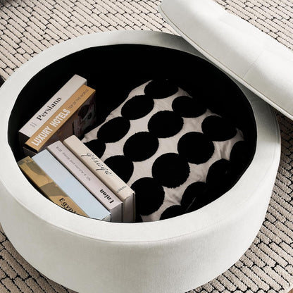 30-Inch Large Round Ottoman, Tufted Coffee Table with Removable Lid Top, Upholstered Footrest Modern Button Circle Storage Ottoman for Living Room, Office, Ivory