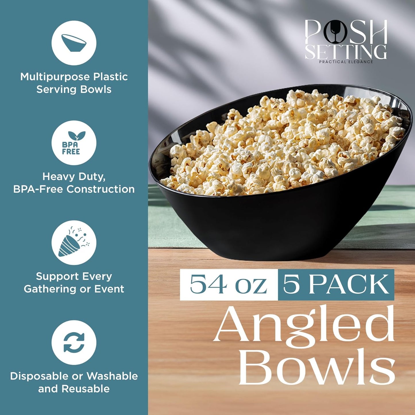 Posh Setting Black Plastic Serving Bowls Disposable - Angled Bowls - Angled Candy Bowl - Plastic Snacks & Chip Bowls for Parties - Black, Gold & Clear, White Serving Dishes, 54 OZ, 5 Pack