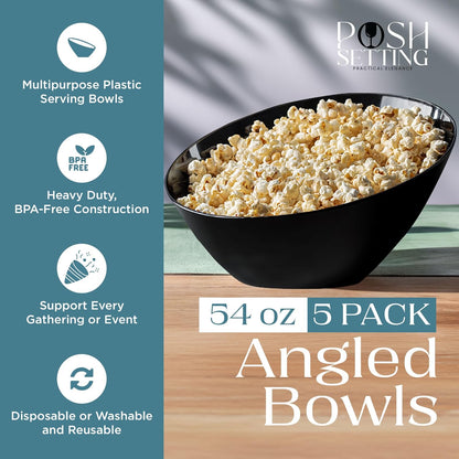 Posh Setting Black Plastic Serving Bowls Disposable - Angled Bowls - Angled Candy Bowl - Plastic Snacks & Chip Bowls for Parties - Black, Gold & Clear, White Serving Dishes, 54 OZ, 5 Pack