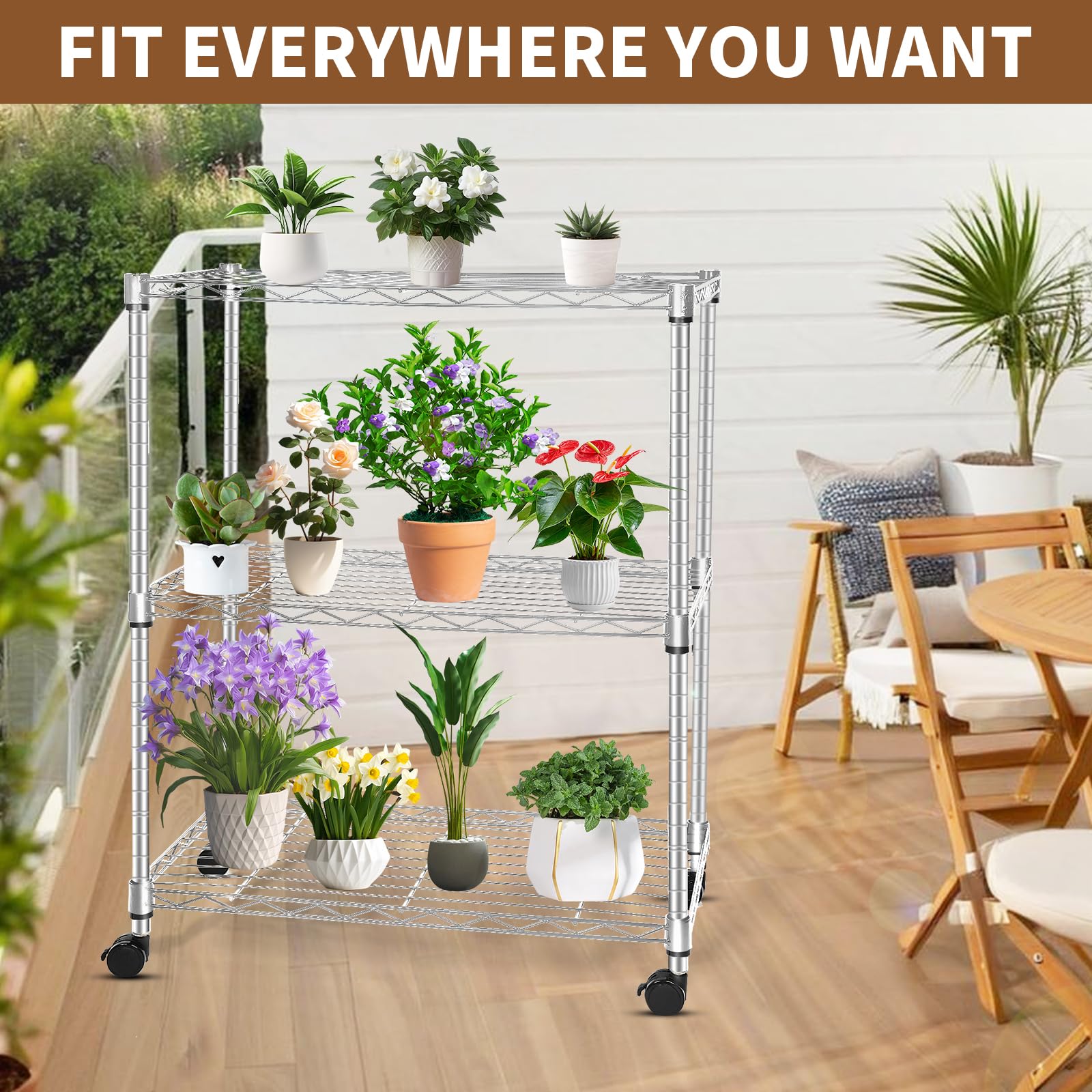 Whitmor 3 Tier Storage Shelving, Heavy Duty with Wheels, Adjustable Steel Organizer, 400 lbs