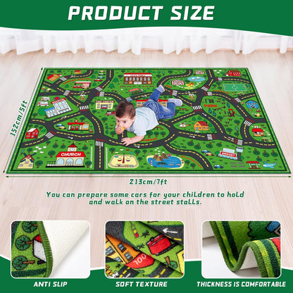 Kids Carpet Playmat Rug 5 x 7 ft Player Car Rug, City Life Traffic Road Map Mat Educational Game Area Mat for Toddler Children Playroom Classroom Bedroom(Green)