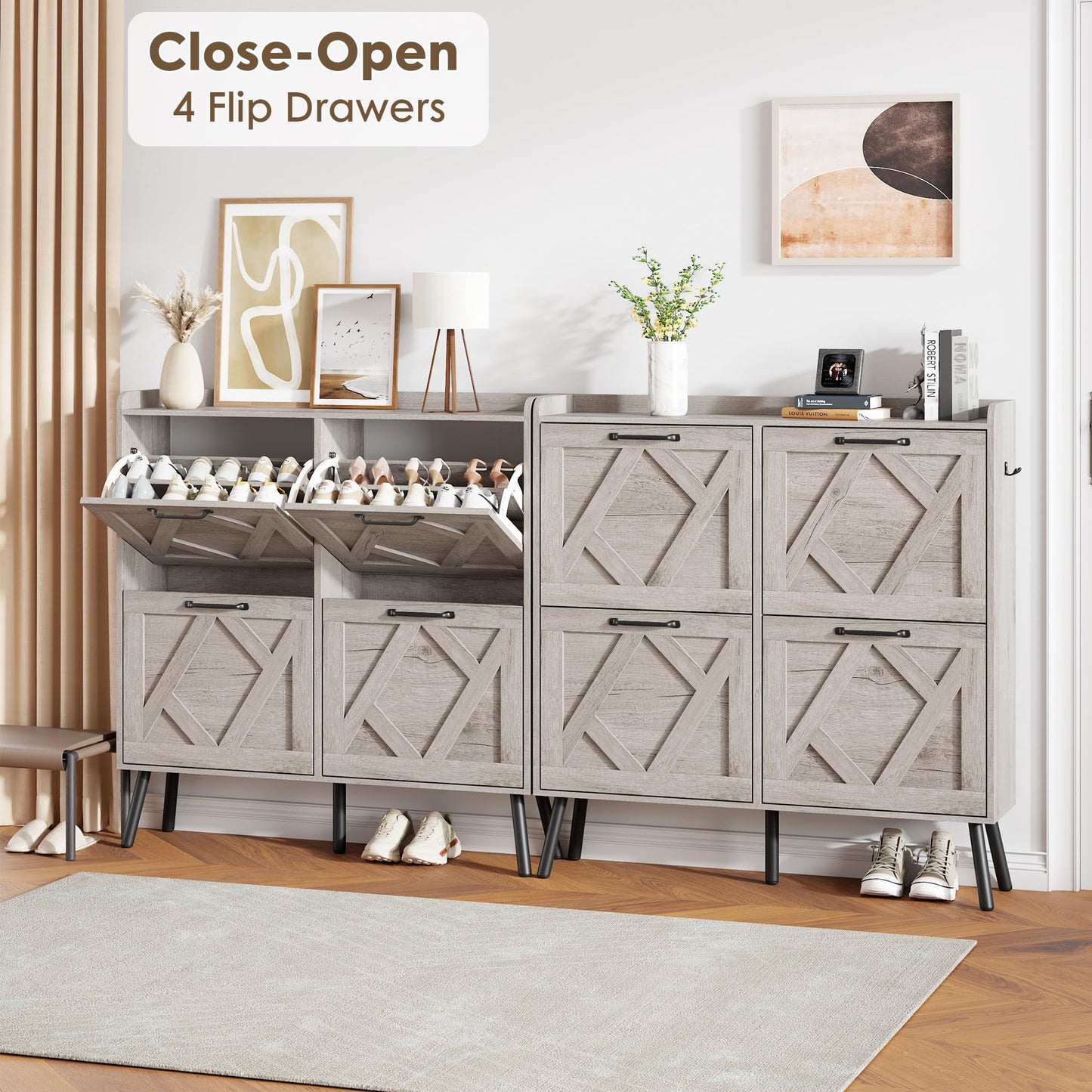 Nicetree Shoe Cabinet with 4 Flip Drawers, Freestanding Shoe Organizer Cabinet, Farmhouse Narrow