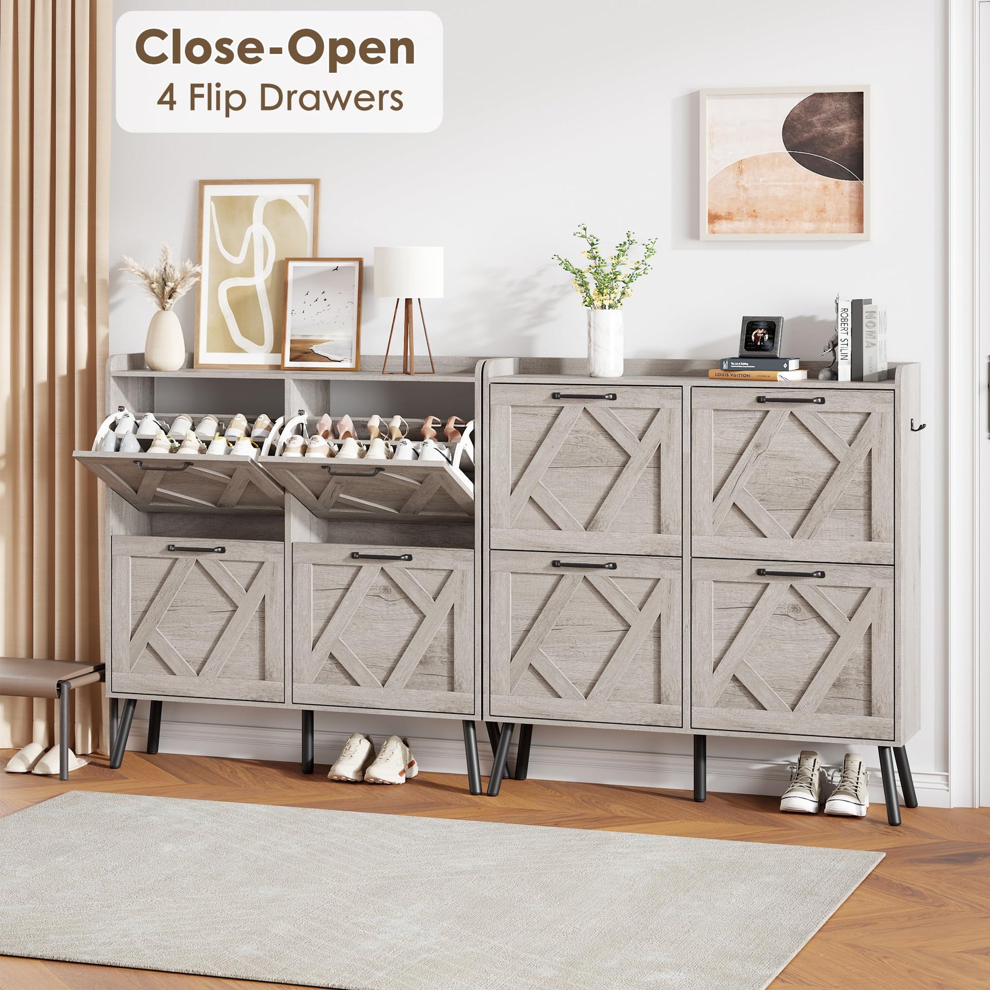Nicetree Shoe Cabinet with 4 Flip Drawers, Freestanding Shoe Organizer Cabinet, Farmhouse Narrow