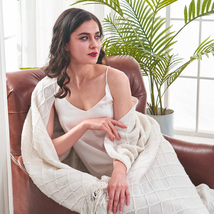 inhand Knitted Throw Blankets for Couch and Bed, Soft Cozy Knit Blanket with Tassel, Off White Lightweight Decorative Blankets and Throws, Farmhouse Warm Woven Blanket for Men and Women, 60"x80"