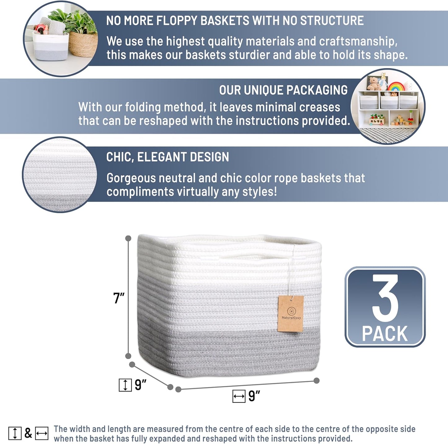 NaturalCozy Storage Cubes 9”x9”x7”Cotton Rope Woven Baskets for Organizing 3-Pack | 9 Inch Cube Storage Bin | Small Basket for Shelf Nursery, Pantry, Decorative Plant, Bathroom Closet, Toy Gift