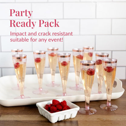 Prestee Set of 24 Plastic Champagne Flutes Disposable - Silver Glitter Pink Champagne Glasses with Rose Gold Rim, Elegant Toasting Cups for Weddings, Cocktail Parties, New Year's Celebrations