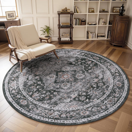 AMOAMI-6FT Round Rug-Rugs for Living Room-Vintage Soft Black Rugs for Bedroom-Non Slip Circle Rug-Machine Washable Rug for Dining Room Living Room Bedroom Office Under Table Dark Grey & Black