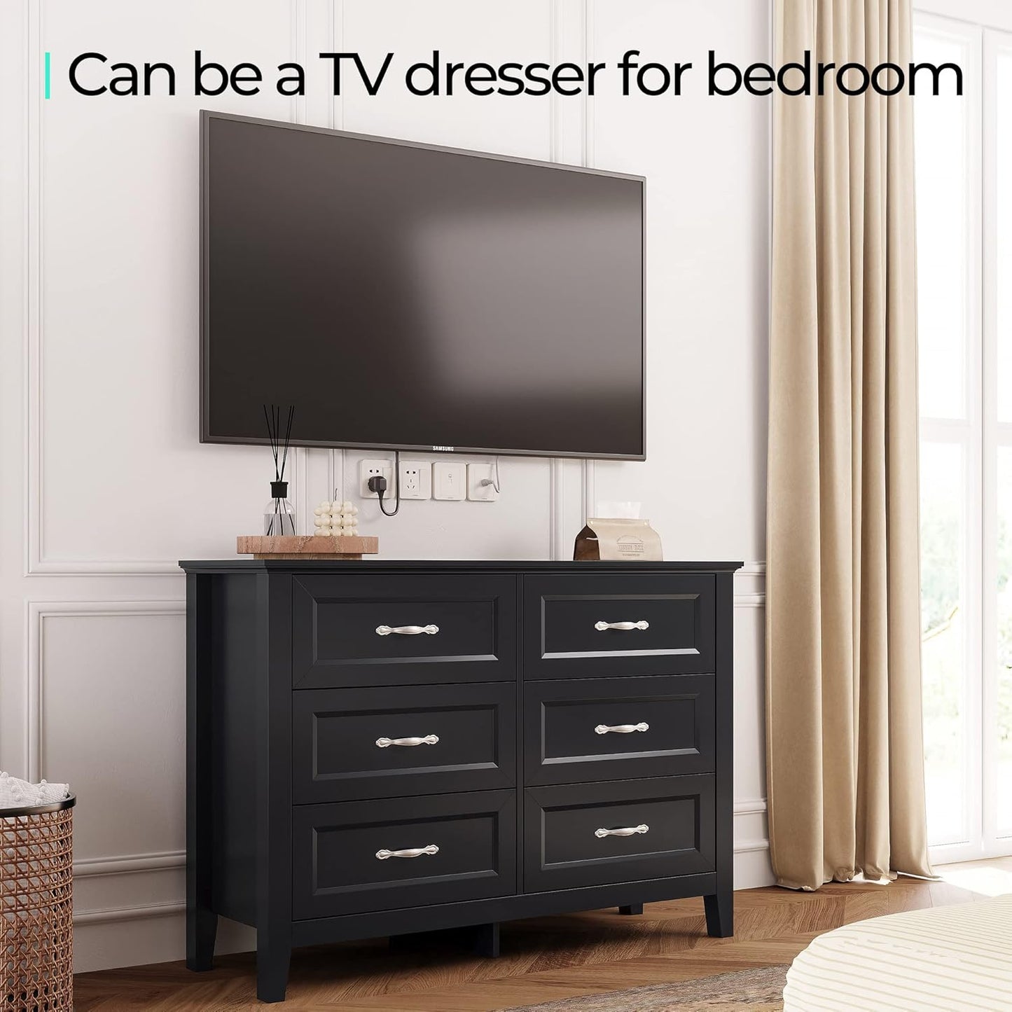 LINSY HOME Farmhouse 6 Drawers Dresser Chests for Bedroom, Wood Dresser Wide Chest of Drawers, Storage Dressers Organizer for Bedroom, Living Room,Hallway, SGS Certified