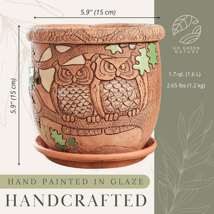 Ceramic Pot with Drainage Hole and Saucer, Plant Pots, Modern Decorative Planters for House Plants Indoor Flowers Plants, Cute Flower Pot - Gifts (Owls (1.6 L))