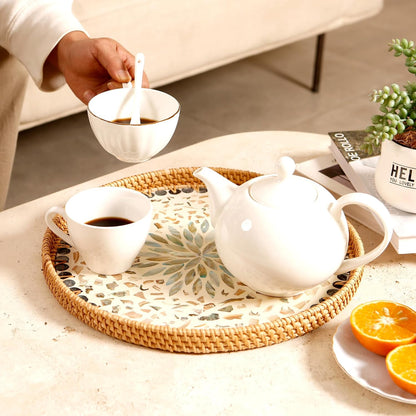 Round Rattan Tray with Mother of Pearl Inlay & Wooden Base - Decorative Wicker Serving Tray for Coffee/Bread/Fruits, Food Storage & Display - Multipurpose Home Decor (L,Blue Shells)