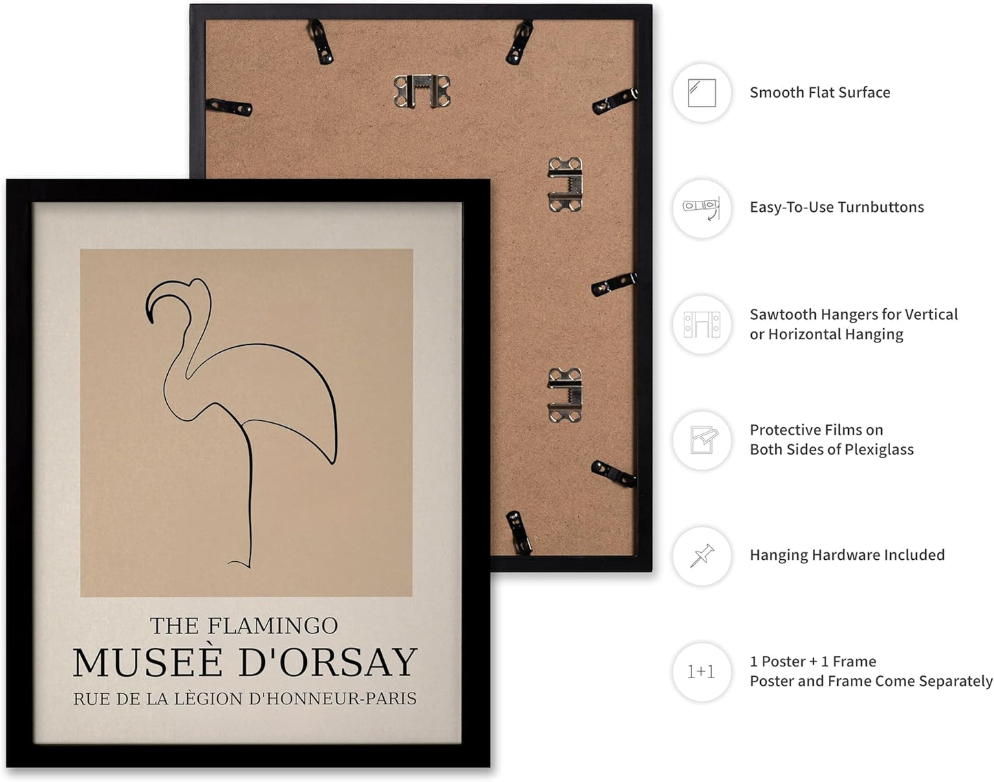 Poster Master Vintage Poster - Retro Minimalist Print - Gift for Artist, Housewarming - Flamingo, Line Drawing, Sketch, Abstract - Wall Decor for Living Room, Bedroom, 16x20 Black Framed