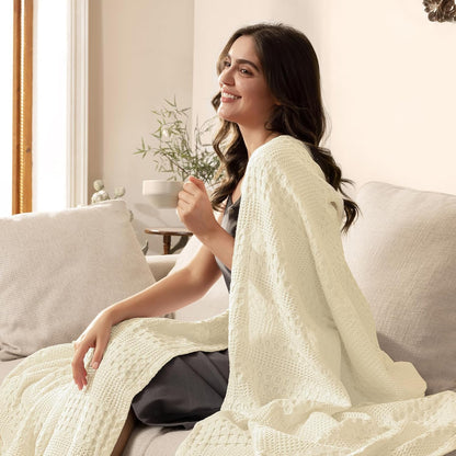 PHF Cooling Waffle Blanket King Size, Lightweight 60% Rayon Derived from Bamboo & 40& Cotton Breathable Blanket for Hot Sleepers, Soft and Luxury for Bed Couch and Sofa, 104"x90", Ivory
