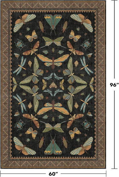 5x8 Black Rug for Bedroom - Boho Large Entryway Rug for Living Room, Under Small Dining Table, Dark Vintage Insect Witch Bug Decor, Washable Low Pile Waterproof Non Slip & Stain Resistance