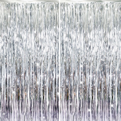 GOER 6.4 ft x 8.2 ft Metallic Tinsel Foil Fringe Curtains,Pack of 2 Party Streamer Backdrop for Birthday,Graduation Decorations and New Year Eve (Silver)