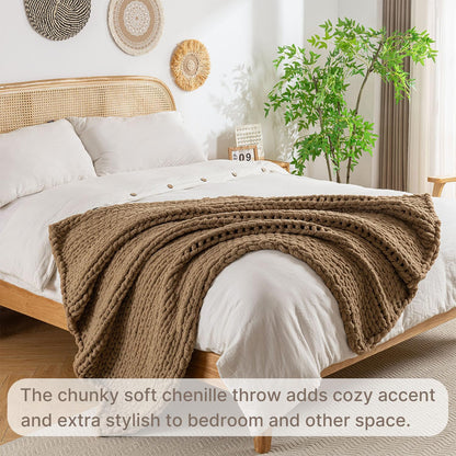 Chunky Knit Blanket Throw, 100% Hand Knit Throw Blanket Handmade Chenille Cable Knit Throw for Couch, Stylish Cozy Soft Rope Knot Crochet Blanket for Home Decor, Camel, 50x60 Inches