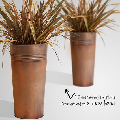 KOL 22''H 2-Pack Planter with Water Level Indicator - Galvanized Steel Pot - Self Watering Planters Flower Pot for Plant - Inner Pot Design - Round Metal Planter Box - Indoor Outdoor Planting - Bronze