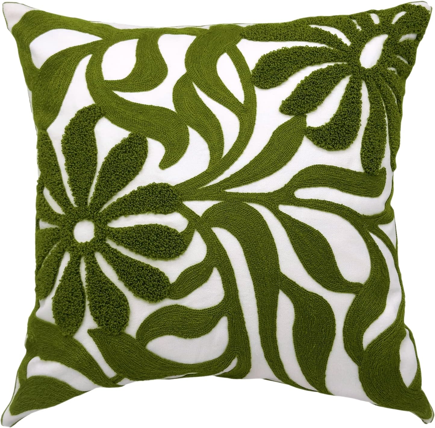 Alysheer Farmhouse Floral Leaves Embroidered Decorative Throw Pillow Cover 18x18 inches, Boho Tufted Flowers Embroidery Pattern Chic Cotton Cushion Case for Couch Bed Sofa Living Room(Olive Green)