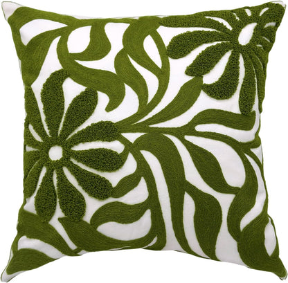 Alysheer Farmhouse Floral Leaves Embroidered Decorative Throw Pillow Cover 18x18 inches, Boho Tufted Flowers Embroidery Pattern Chic Cotton Cushion Case for Couch Bed Sofa Living Room(Olive Green)