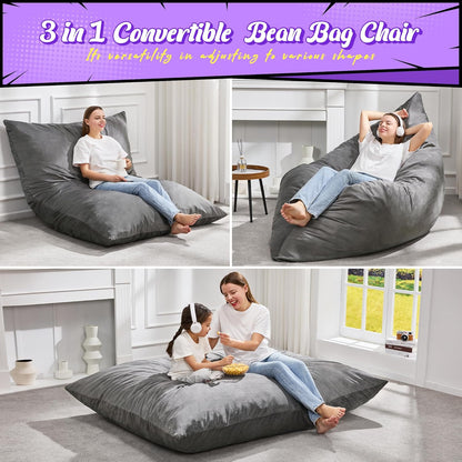 Hobestluk 3 in 1 Bean Bag Chair Giant Bean Bag Chairs for Adults with Velvet Cover Convertible Bean Bag Floor Cushion with Machine Washable Cover for Living Room (Velvet Grey)