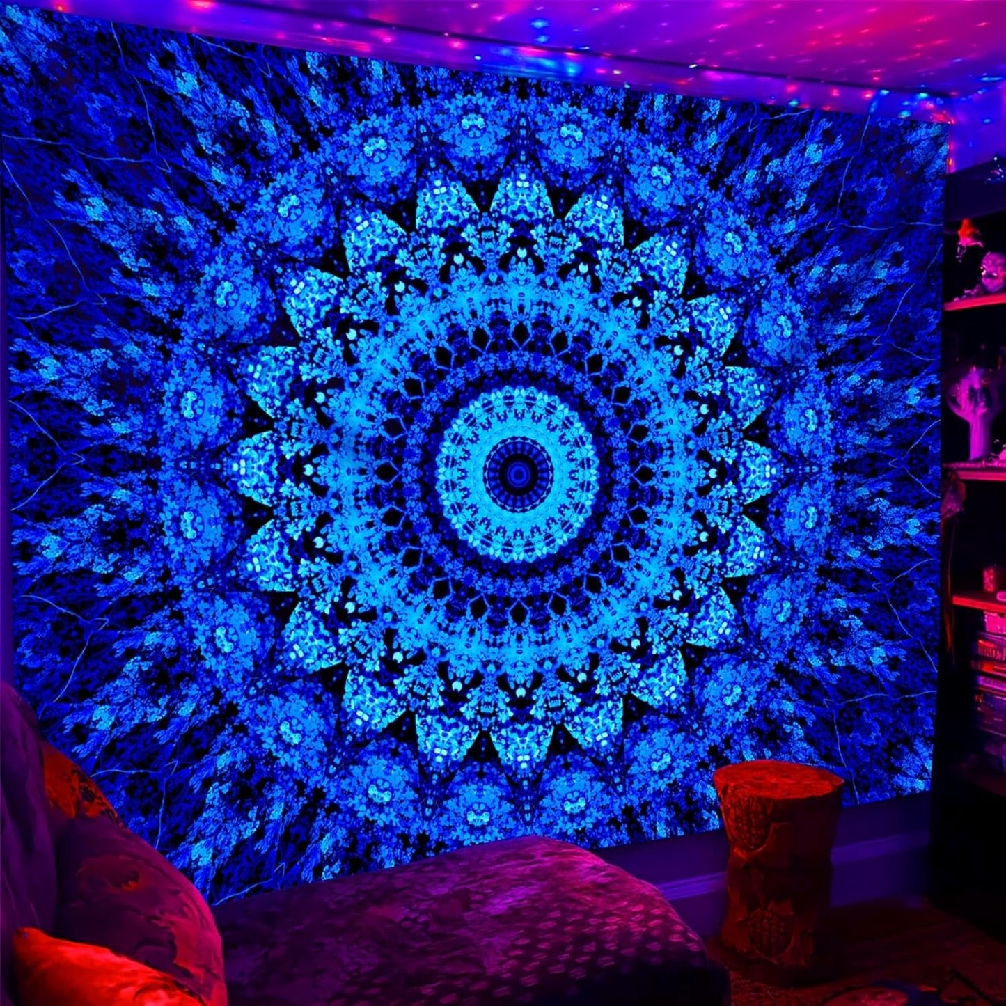 PSYHILAR Blacklight Mandala Tapestry for Bedroom, Black Light Posters for Adults and Teens, Neon UV Reactive Aesthetic Bohemian Wall Art Decor (40 x 30 Inches)