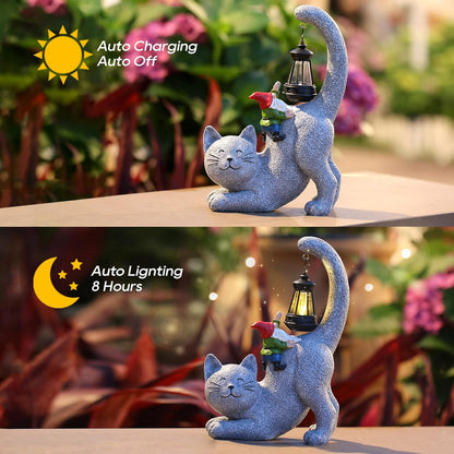 Snowrabbit Cat Statue Garden Decor with Funny Gnome Figurine & Solar Lantern, Motherday Gifts for Mom,Birthday Gift for Women,Cat Statues for Garden,Patio,Yard Decoration, Gray, SR-C-003
