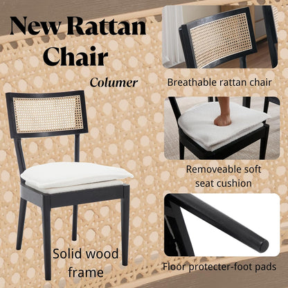 Rattan Dining Chairs Set Of 6 , Mid Century Modern Black Wooden Cane Back Chairs with Removable Sherpa Cushion , Retro Farmhouse Upholstered Kitchen & Dining Room Chairs for Restaurant Living Room