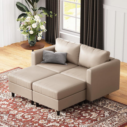 64.6" Faux Leather Loveseat Sleeper Sofa Bed with Storage Seat, Modern Modular Sectional Couch Deep Seat with Reversible Chaise 2-Seat Whitesand for Apartment, Living Room, Bedroom