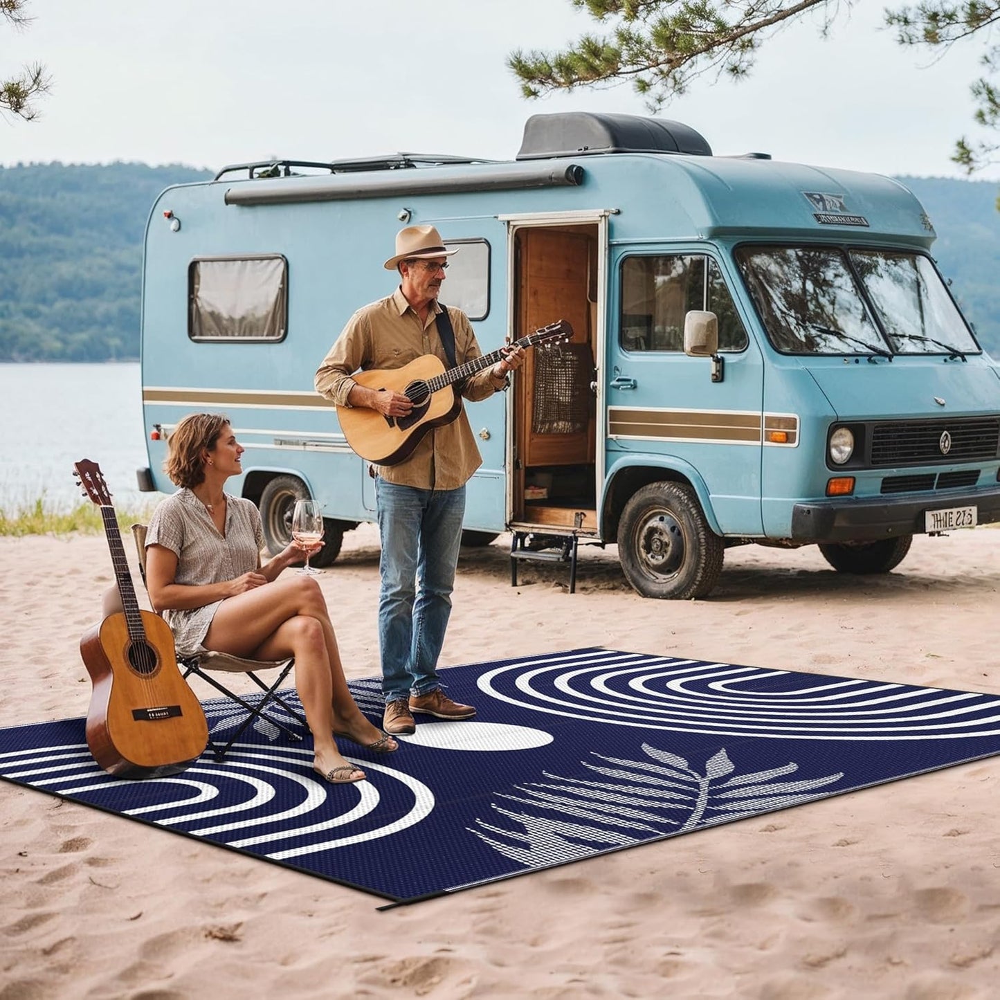 GENIMO Outdoor Rug 6' x 9' Waterproof for Patio Clearance, Reversible Lightweight Plastic Straw Camping Carpet, Large Area Rugs Mats for Rv, Backyard, Deck, Porch, Picnic, Balcony, Mix-Blue & White