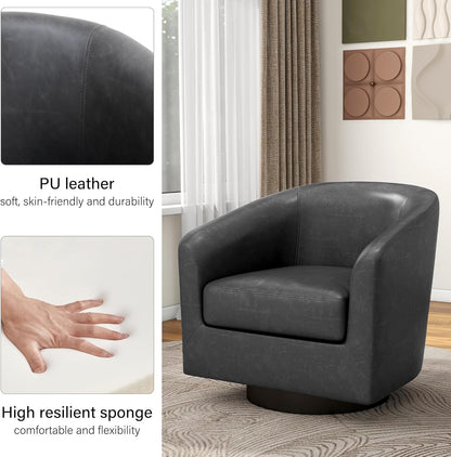 Swivel Barrel Accent Chair, Modern Round Faux Leather Arm Chair for Living Room, Bedroom, Comfy Club Reading Chairs for Adults(Faux Leather, Black Grey, Set of 1)