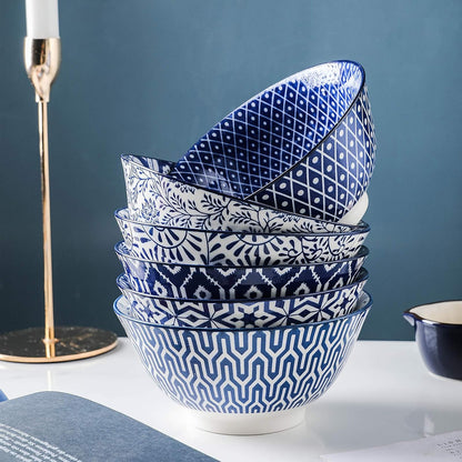 Selamica Blue and White Porcelain 20oz Cereal Bowl Set - Set of 6, 6 inch Soup Bowls, Ceramic bowls for Cereal, Soup, Salad and Pasta, Vintage Blue