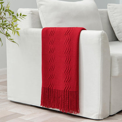 MIULEE Red Knitted Throw Blanket for Couch Boho Textured Cozy Woven Blanket with Tassels for Sofa Chair Bed Living Room Acrylic Wave Pattern 60"x80"