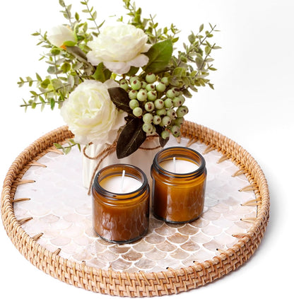 Round Rattan Tray with Mother of Pearl Inlay & Wooden Base - Decorative Wicker Serving Tray for Coffee/Bread/Fruits, Food Storage & Display - Multipurpose Home Decor (M,Fish Scales)