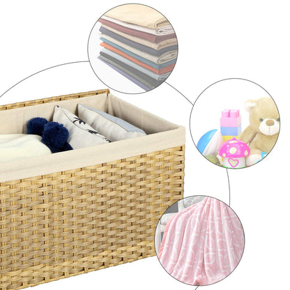 SONGMICS Storage Basket with Lid, Woven Blanket Storage Bin with Handles, Foldable, Removable