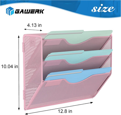 3 Tier Hanging Wall File Organizer, Mesh Mail Paper Orgnization Hanging File Folder Holder for Home Office, Pink
