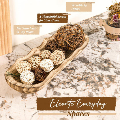 Wavy Edge Wooden Dough Bowl for Decor 16"L Lightweight Paulownia Wood Hand Carved Decorative Wooden Farmhouse Fruit Bowl Handmade, Home Decoration Centerpiece, Table Display Bowl