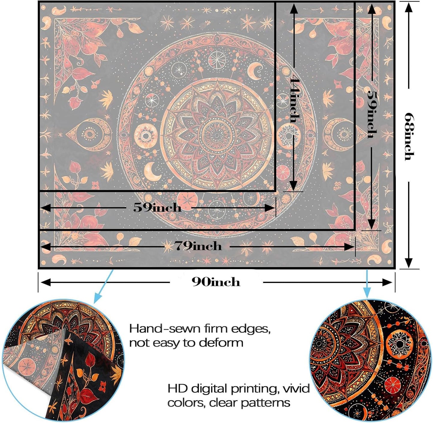 Lunerfex Mandala Moon and Stars Tapestry Boho Tapestry for Bedroom Black and Orange Tapestries Wall Hanging Living Room Wall Art and Home Decor 60x80