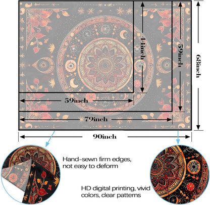 Lunerfex Mandala Moon and Stars Tapestry Boho Tapestry for Bedroom Black and Orange Tapestries Wall Hanging Living Room Wall Art and Home Decor 44x60