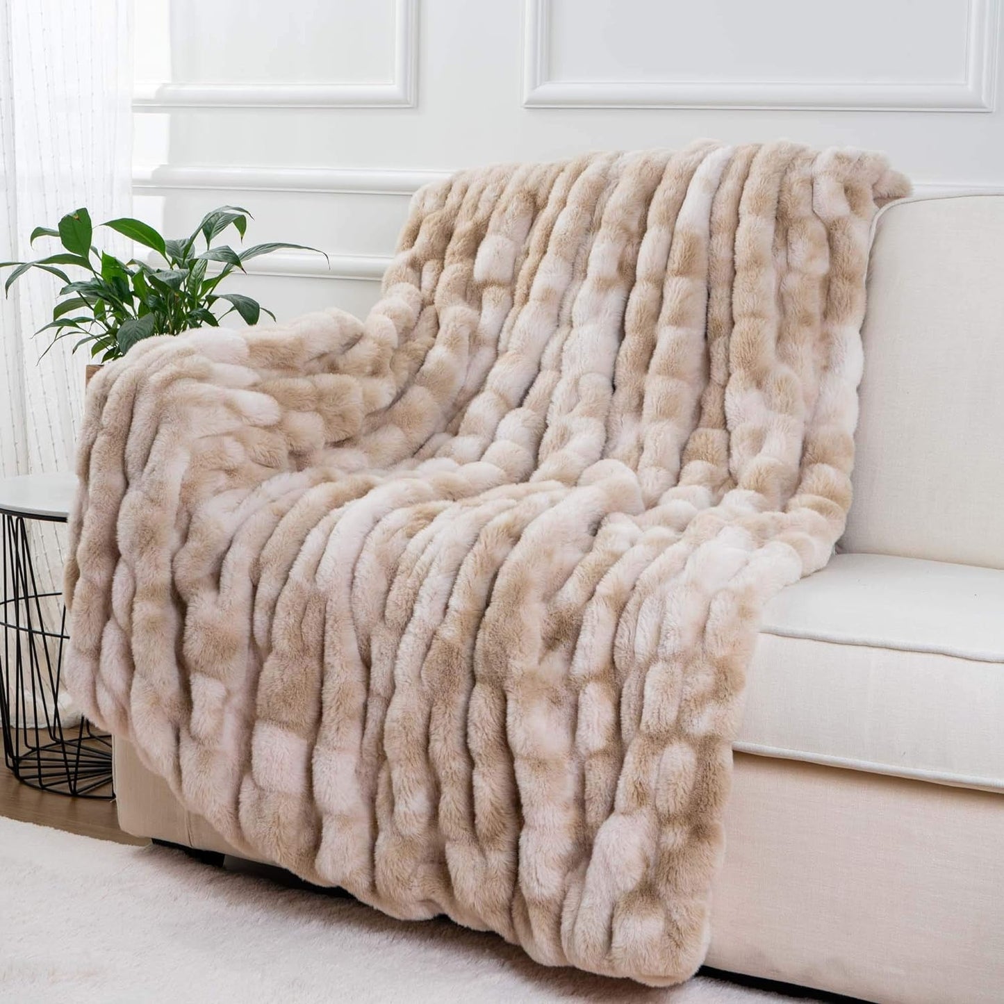 BATTILO HOME Ruched Luxurious Soft Beige Faux Fur Throw Blanket Fuzzy Plush Elegant with Reversible Mink Blanket for Sofa,Chair, Couch, Living Room, Home Decorative Blanket Tie dye (Beige, 50"x60")