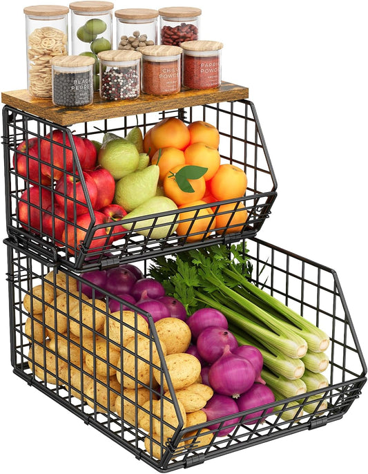 X-cosrack 2-Tier Stackable Wire Baskets for with Wood Lid, Wall Hanging Baskets for Potato and Onion Storage, Fruit Basket for Kitchen Counter, Metal Baskets for Snack Produce Cans