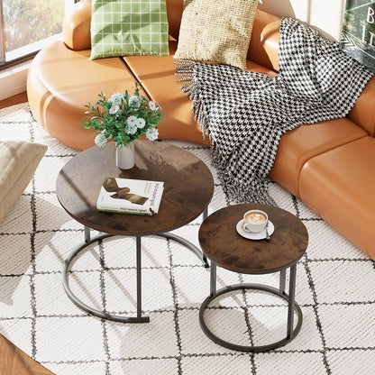 aboxoo Coffee Table Nesting Round Table Set of 2 Side Table with Sturdy Metal Frame for Living Room Bedroom Apartment Modern Industrial Simple Nightstand,Rustic Brown