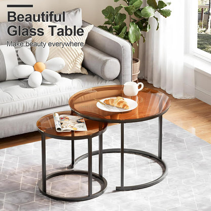 aboxoo Nesting Coffee Table Set of 2, Small Round Glass Nesting Tables for Living Room Bedroom, Accent Tea Table with Metal Frame Modern Industrial Simple