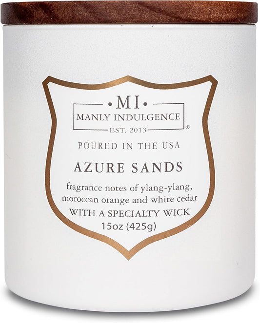 Manly Indulgence Azure Sands Scented Candles for Men, 15 oz Wooden Wick, Premium Soy Blend Wax, 60H