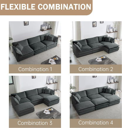 Sectional Sofa 3 Seater with Movable 1 Ottoman,Oversized Modular Couch Deep Seat (Grey, 111.5 inch-L)