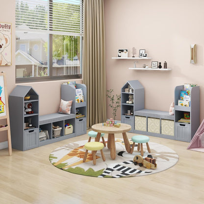 Vabches Toy Storage Organizer for Kids Bookshelf with Reading Nook, Multifunctional Bookcase with 7 Storage Cubbies, 2 Movable Drawers and Seat Cushion for Keeping Kids' Toys Books Organized, Grey