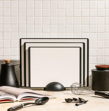 SMIRLY Plastic Cutting Board Set 3 Pieces, Non-Slip Dishwasher Safe Chopping Boards for Kitchen, Black & White